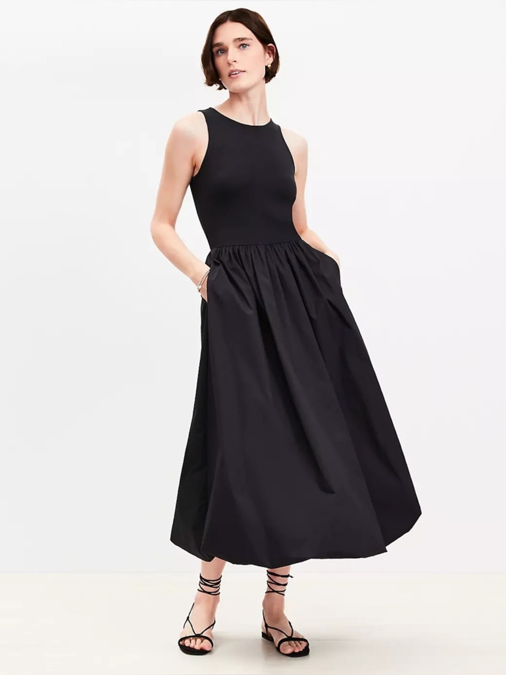 LOFT Black Sleeveless Midi Dress with Full Skirt